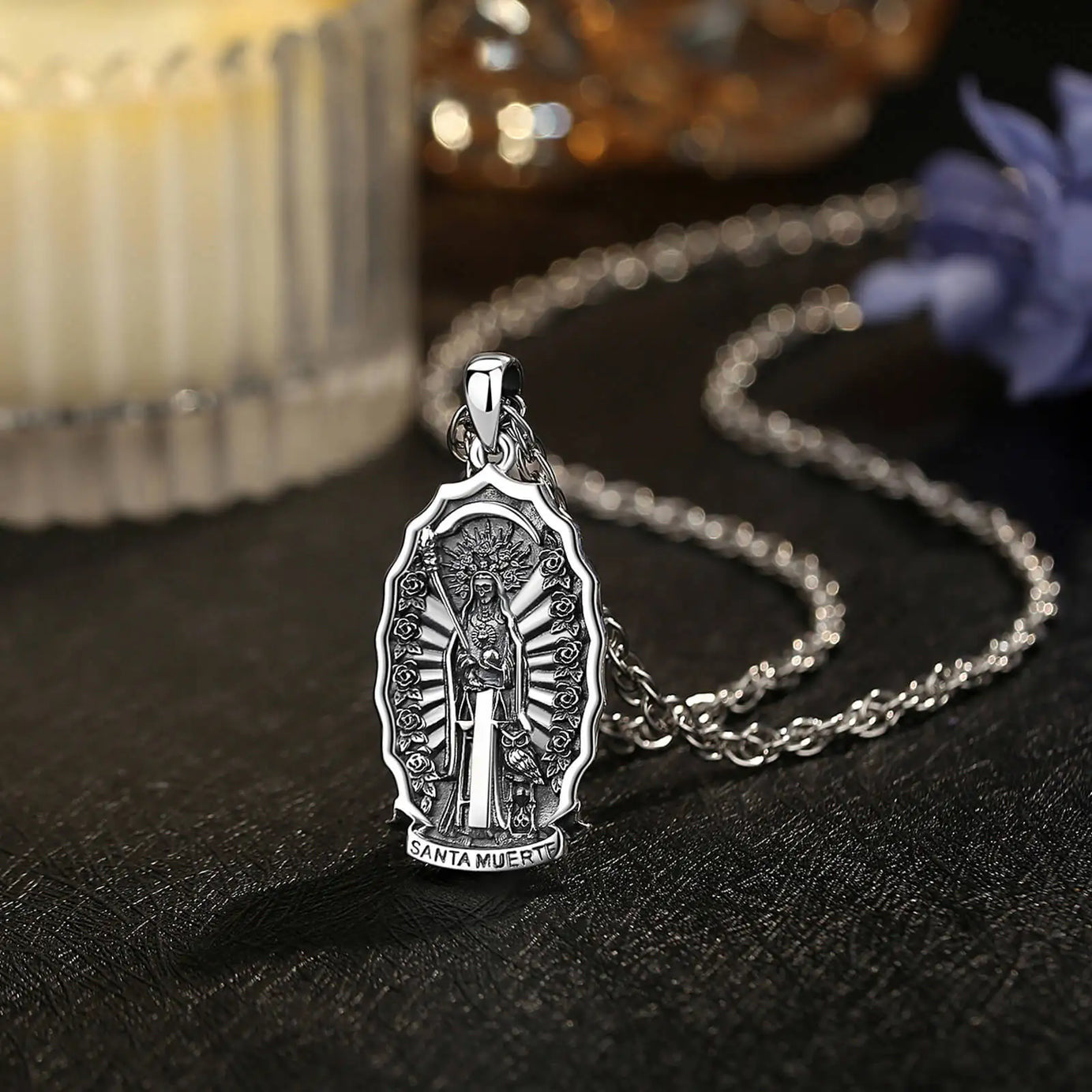 S925 Sterling Silver Santa Muerte Pendant Necklace, Holy Death Mexican Devotional Amulet