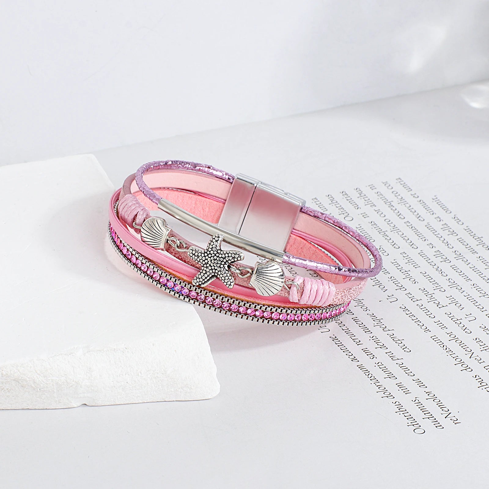ALLYES Charm Starfish Shell Leather Bracelet for Women Men Boho Metal Tube Crystal Beads Chain Bracelets & Bangles Beach Jewelry