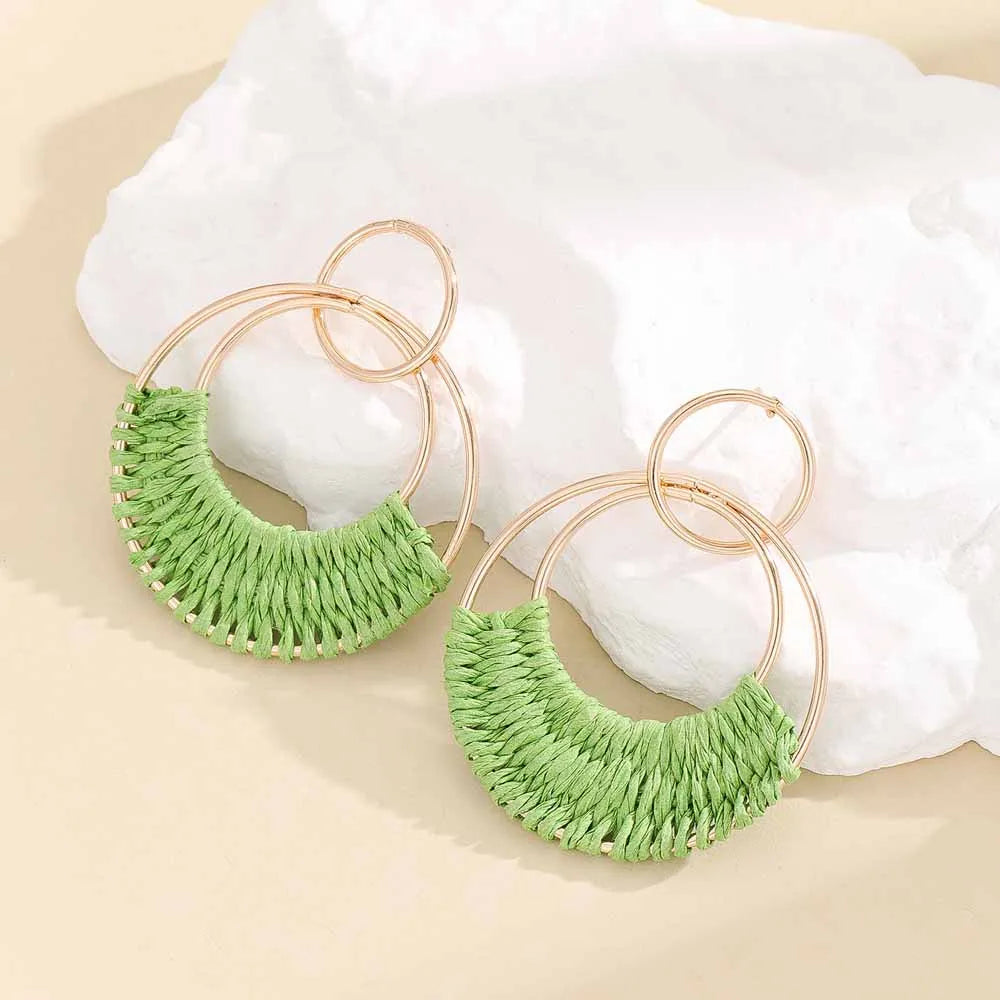 Raffia Hoop Earrings for Women Girls Fun Boho Summer Beach Earrings Lightweight Handmade Straw Wicker Rattan Dangle Earrings