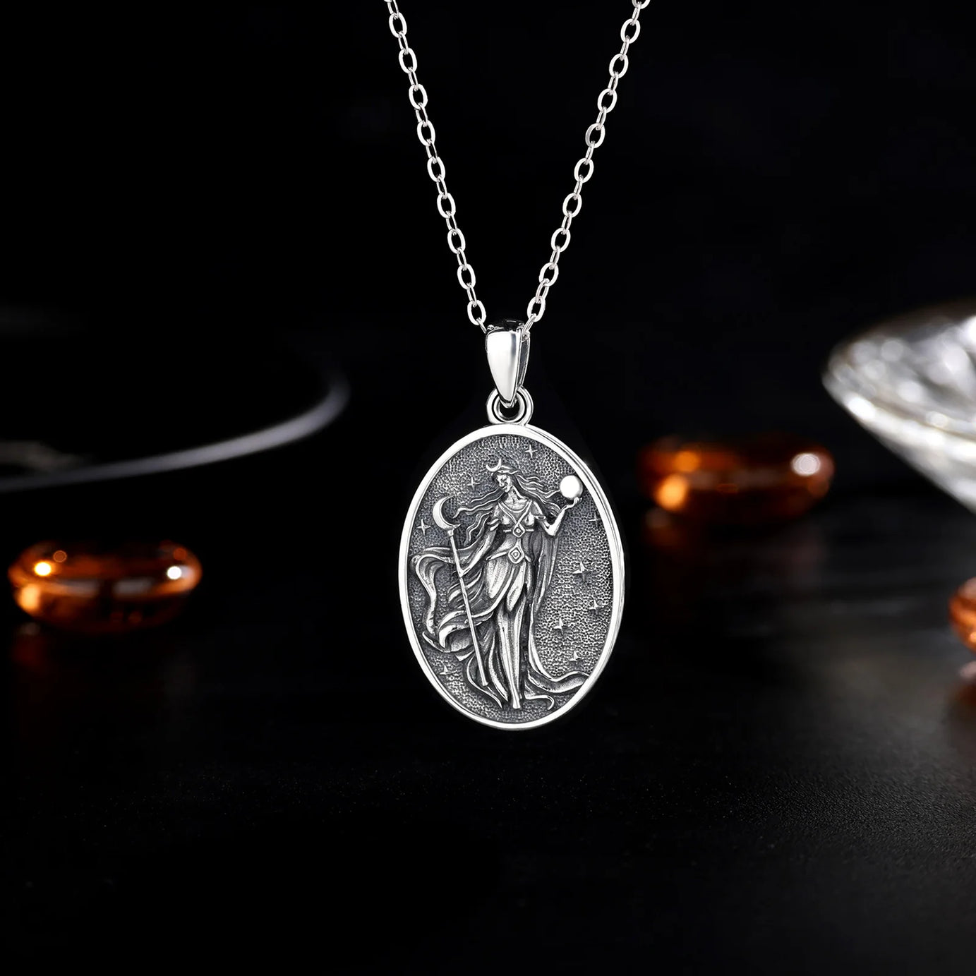 S925 Sterling Silver Nyx Moon Goddess Pendant Necklace, Dark Goddess of Night Wicca Amulet