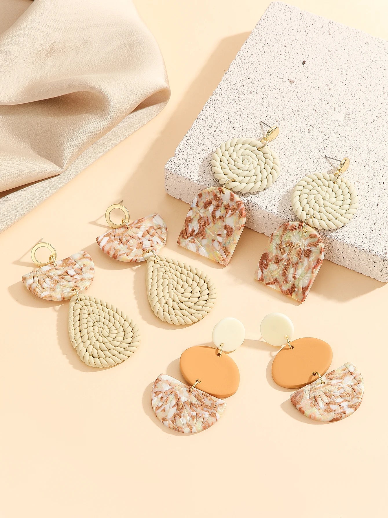 Assorted Boho Marbled Woven Geometric Earrings Arch Teardrop Rattan Style Drop Lightweight Unique Handmade Style Jewelry