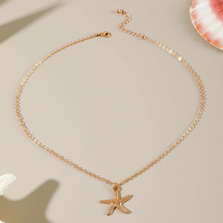 Tocona Boho Starfish Shell Flower and Pearl Pendant Necklace