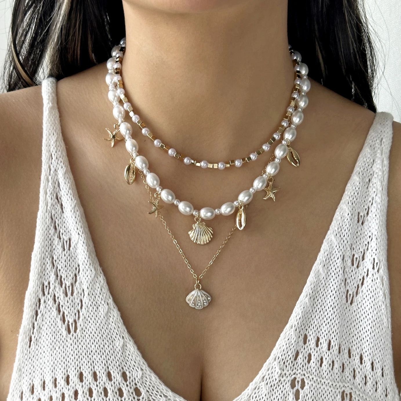Starfish Shell and Pearl Layered Choker