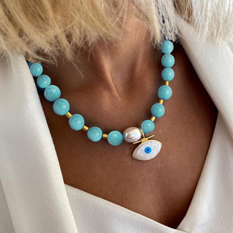 Turquoises Man Women Vintage Glamour Embellishment Necklace Multi-color Irregular Shell Beaded Collar Fashion Avant-garde - Charlie Dolly