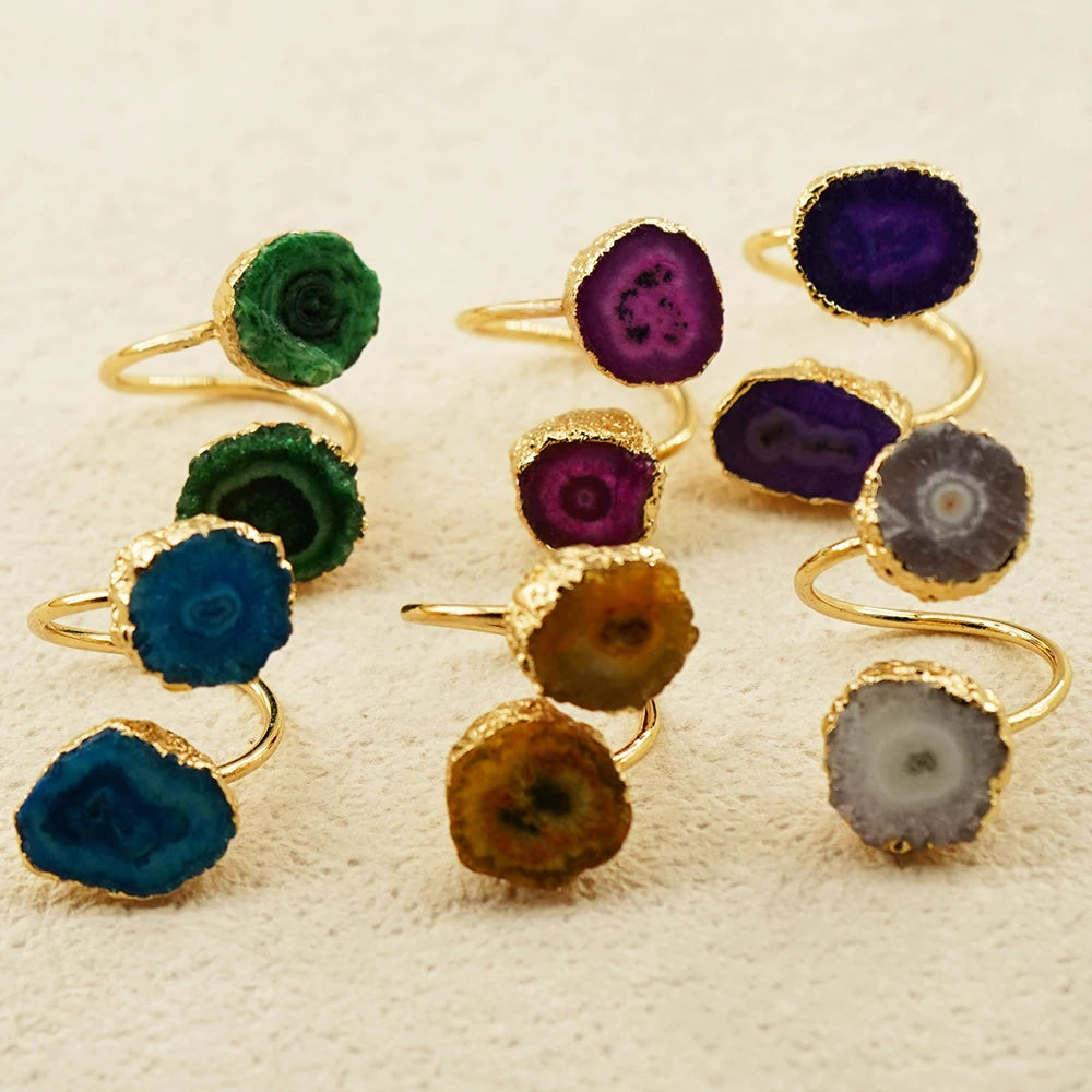 Irregular Agate Slices Open Cross Ring for Women Girls Boho Rough Natural Stone Sunflower Finger Jewelry Wedding Party Gift