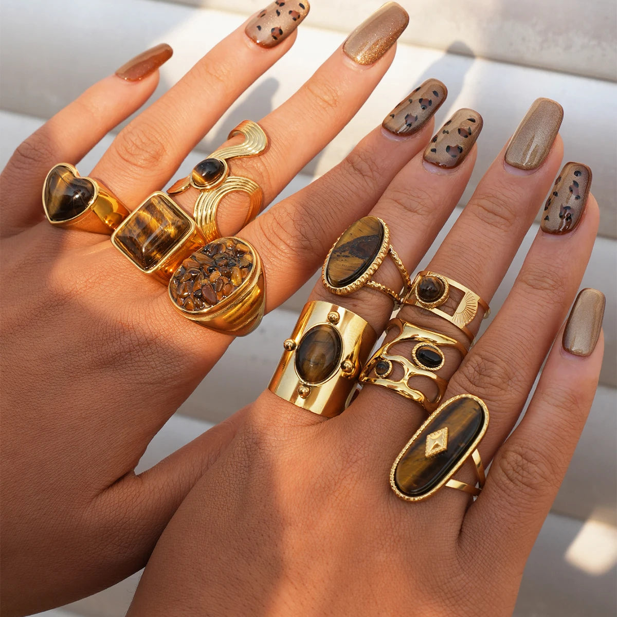 Creative Gold Plated Stainless Steel Rings for Women Simple Geometric Natural tiger Stone Finger Ring Boho Vintage Jewelry Gift