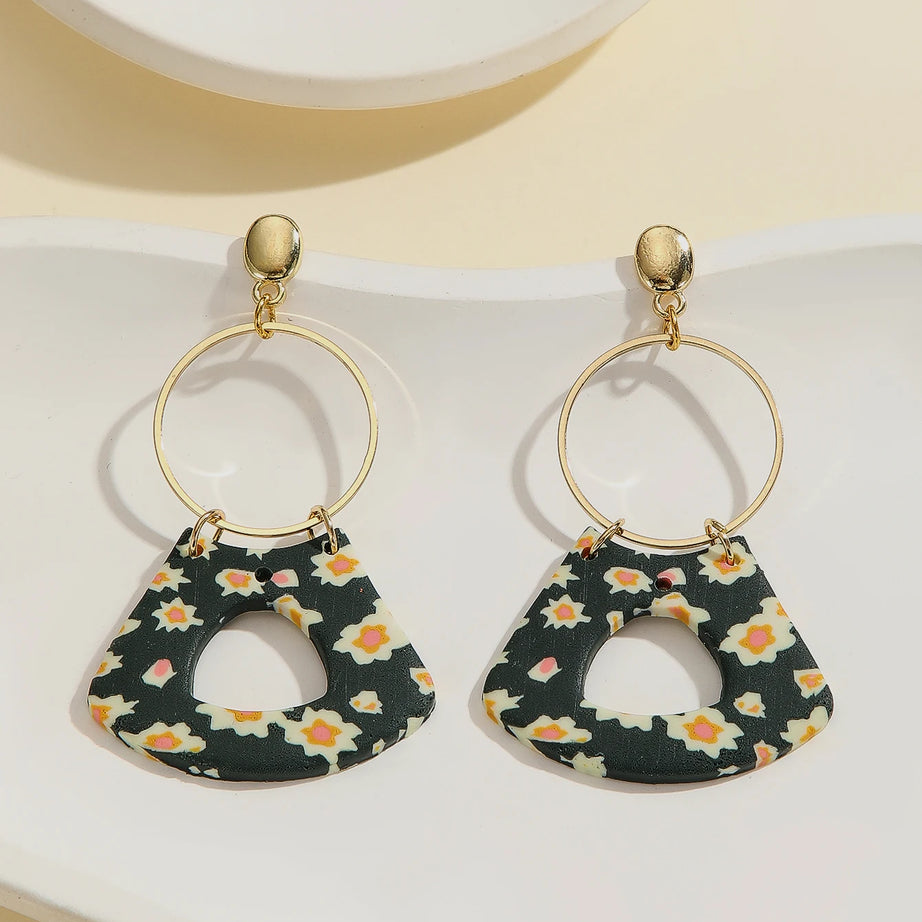 Floral Geometric Polymer Clay Statement Earrings Jewelry