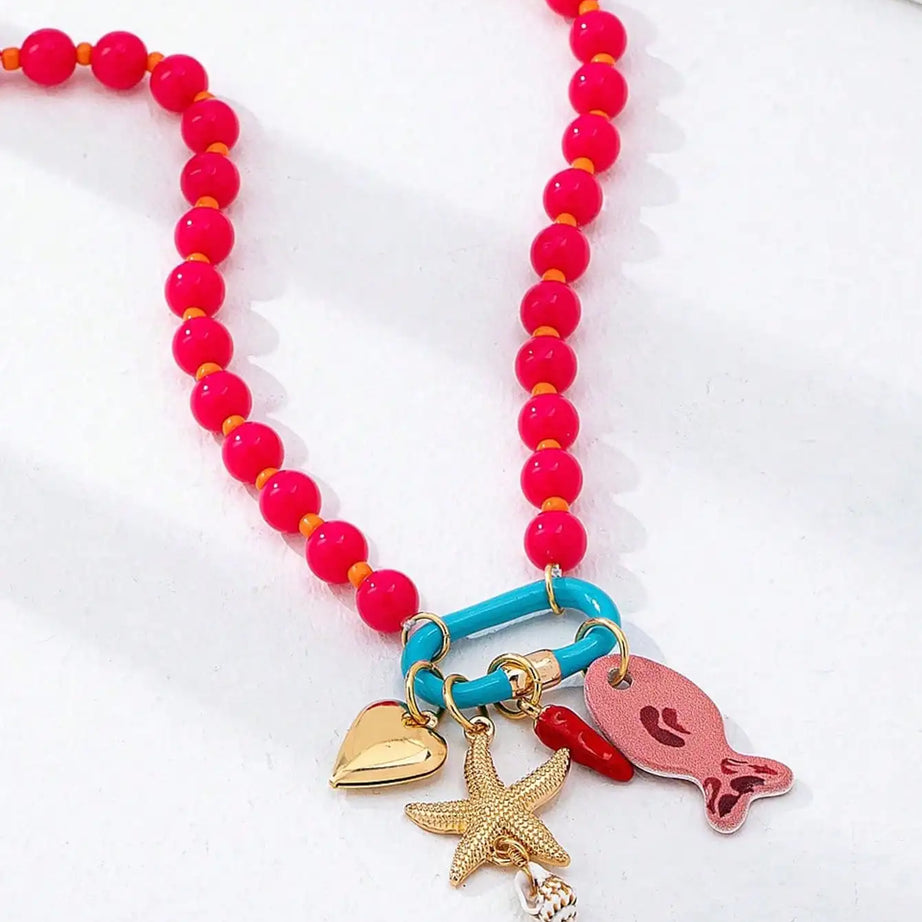 Fish Starfish Charm Resin Bead Layered Necklace Jewelry