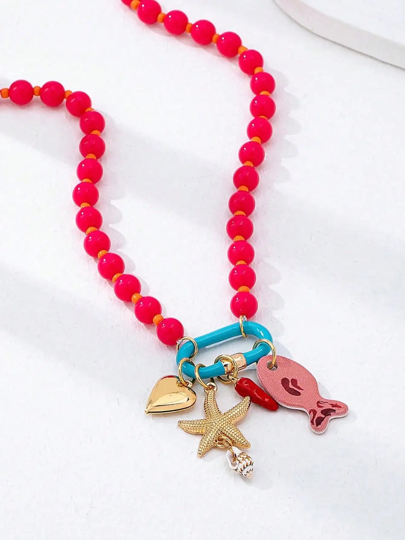 Fish Starfish Charm Resin Bead Layered Necklace Jewelry