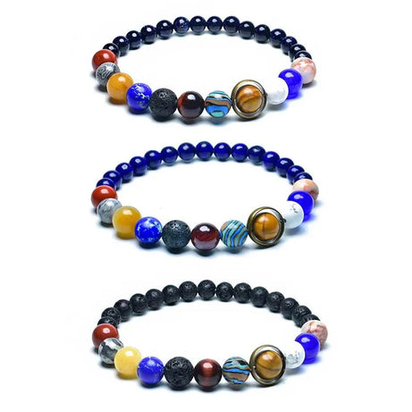 Eight Planets Solar System Beaded Bracelet, Lava & Lapis Lazuli Chakra Stones