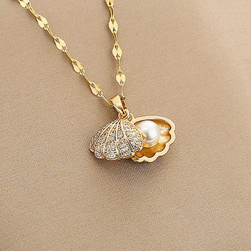 Bohemian Shell Pearl Zircon Pendant Engagement Necklaces for Women Copper Jewelry Accessories Birthday Party Anniversary Gift - Charlie Dolly