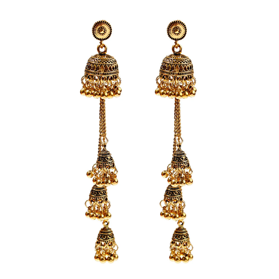 الهندي Jhumka أقراط الذهب الشظية اللون أجراس كبيرة قطرة طويلة شرابة القرط للنساء بوهو الغجر مجوهرات هدية