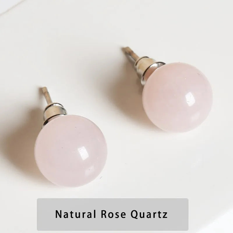 Natural Stone Agate Quartz Lapis Lazuli Tiger Eye Round Bead Stud Earrings Women Fashion Simple Stainless Steel Crystal Ear Stud