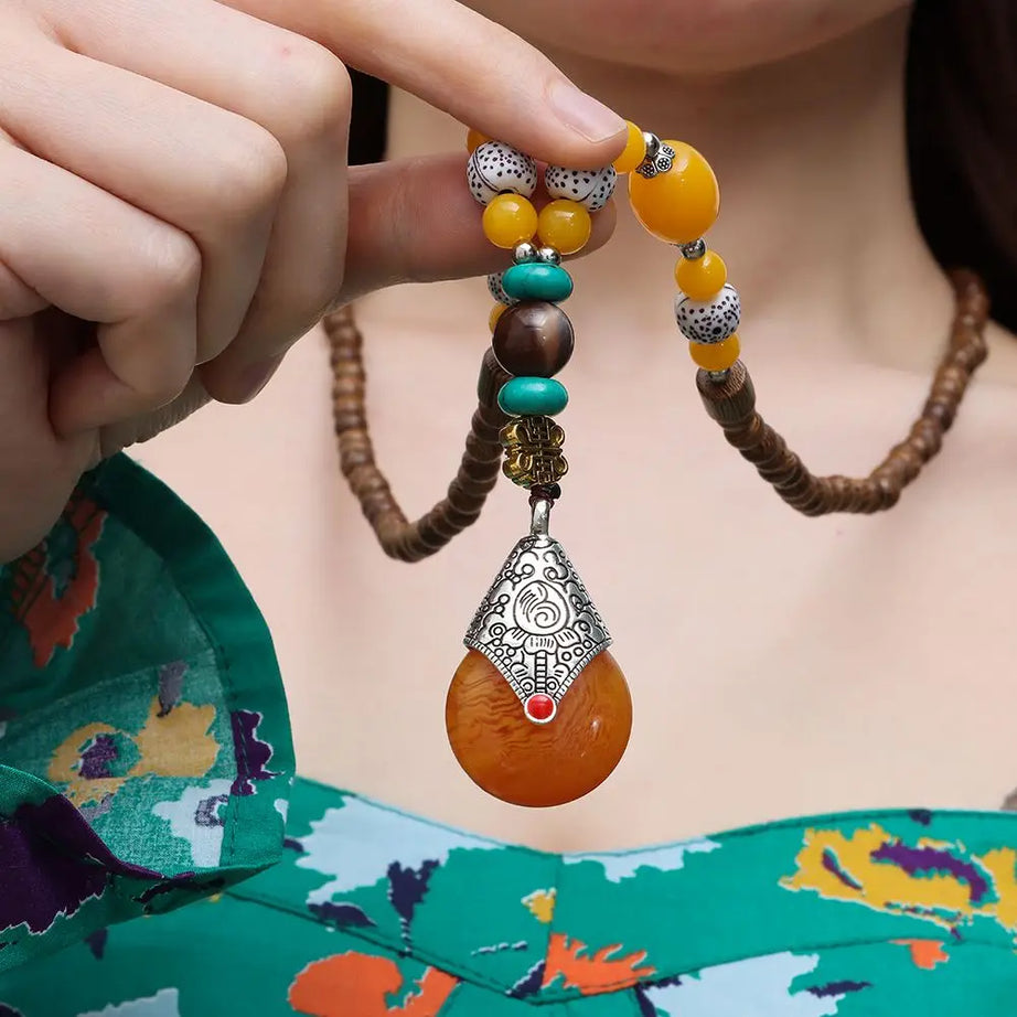 Nepal Wood Bead Mala Pendant Necklace Jewelry