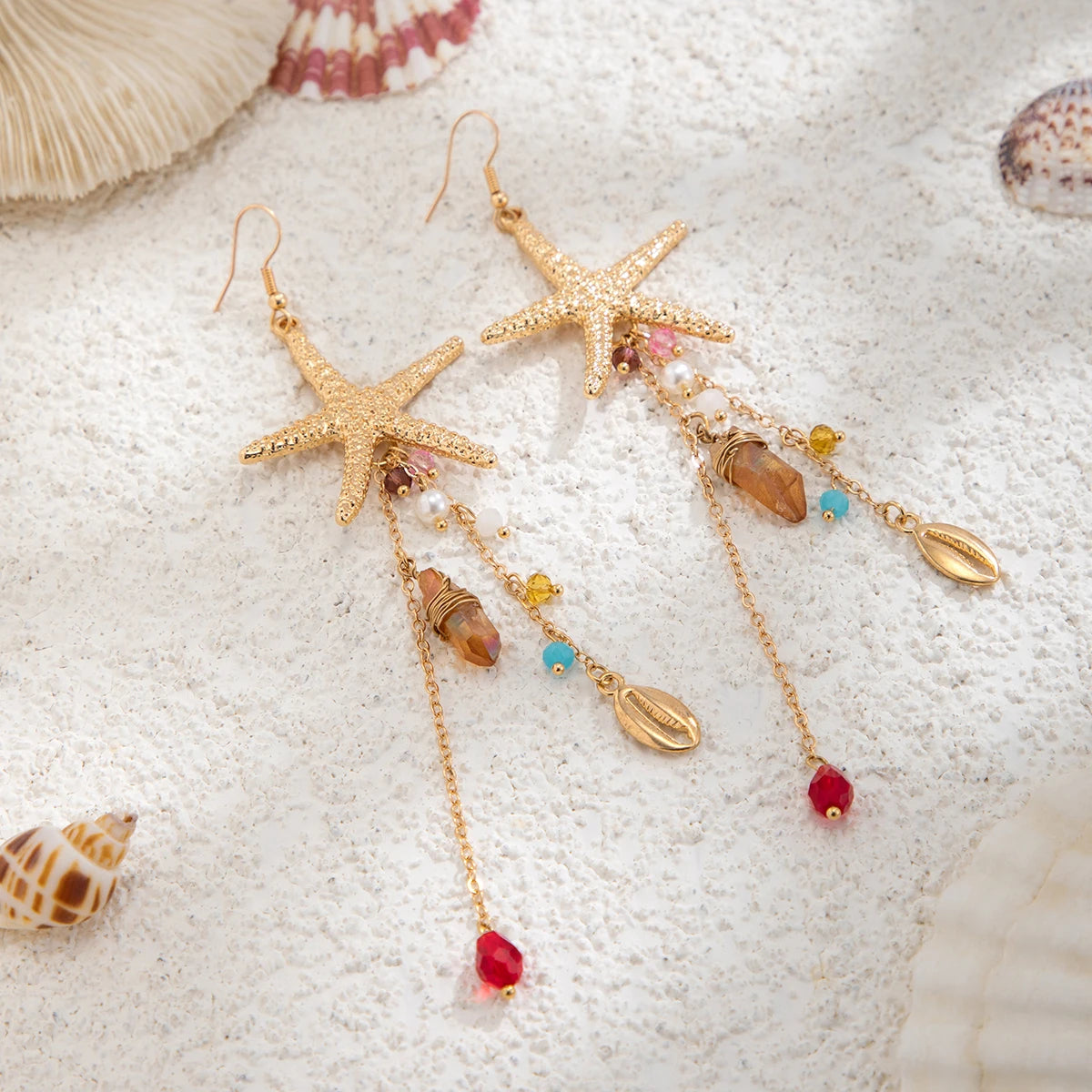 Ingemark Boho Starfish Jellyfish Imitation Pearls Crystal Long Tassels Earrings Women Trendy Piercing Drop Earrings Y2K Jewelry
