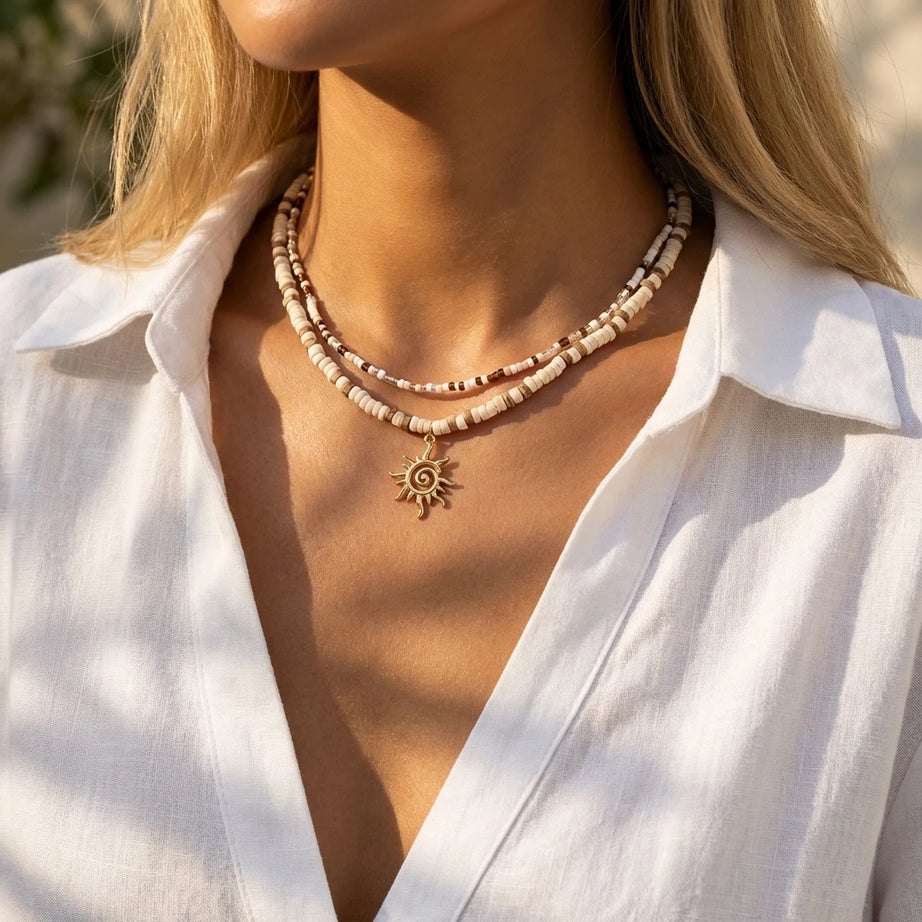 Sun Pendant Heishi Wood Bead Choker Necklace Jewelry
