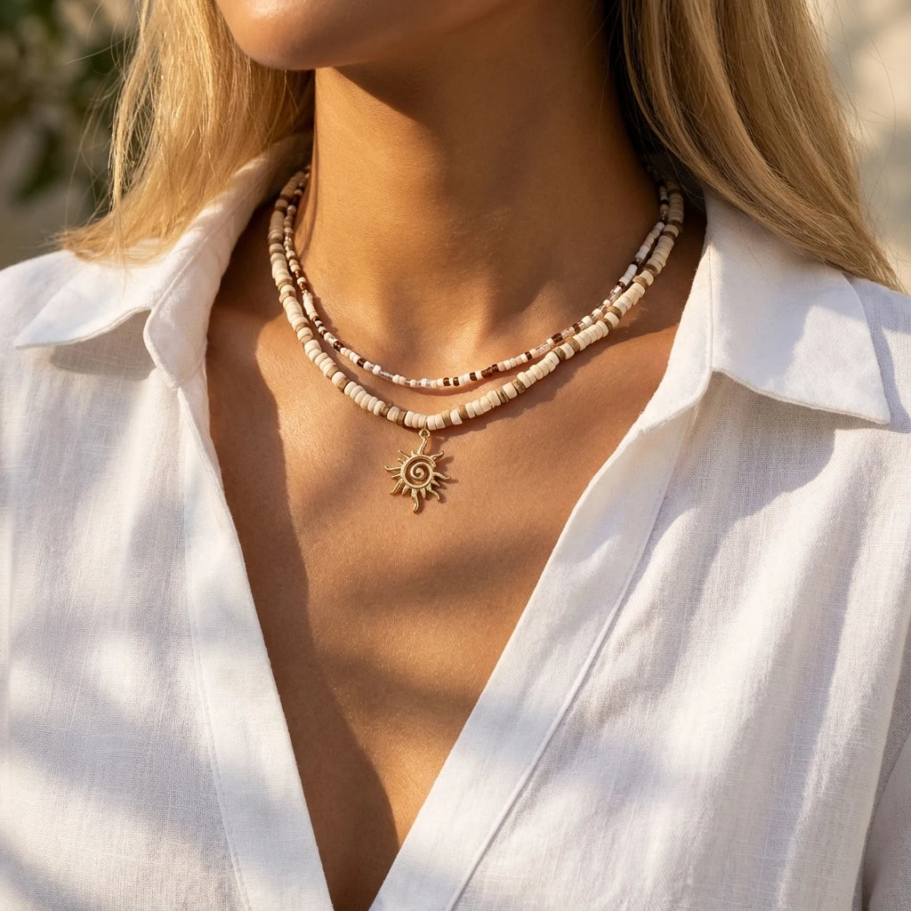 Sun Pendant Heishi Wood Bead Choker Necklace Jewelry