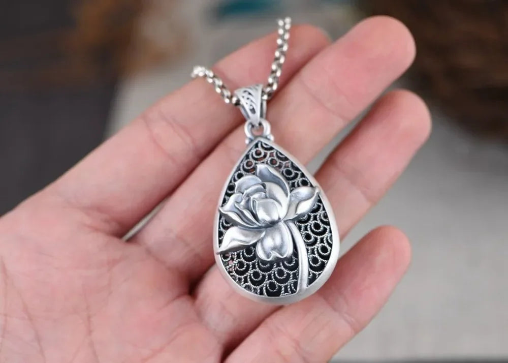 Classic New in Vintage 925 Silver National Style Engraved Lotus Flower Droplet Drop Pendant Necklace Keel Chain Charm Jewelry