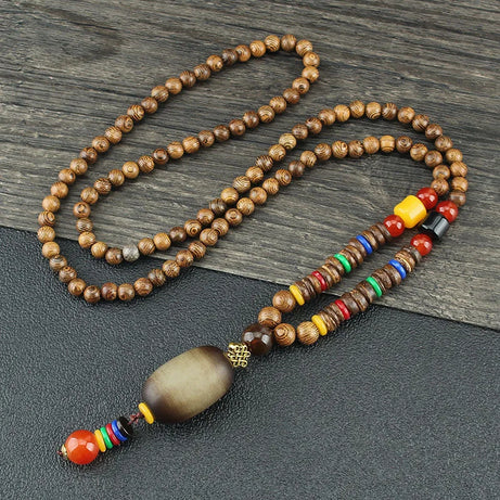 Wood Bead Bodhi Pendant Sweater Chain Necklace Jewelry