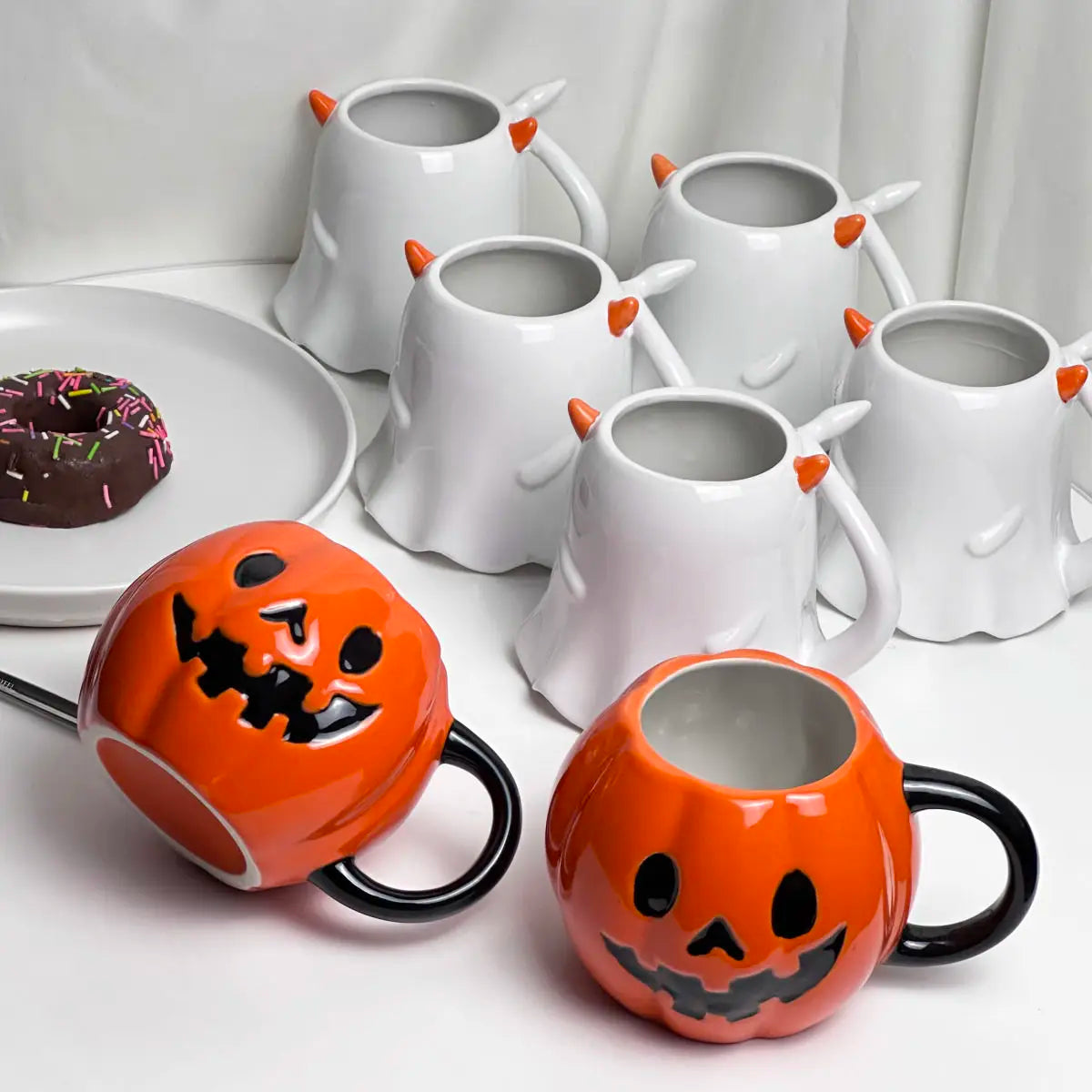 Halloween Cute Funny Little Ghost Water  Mug Embossed Ceramic Cup Design Sense Minority Creative Pumpkin Cups