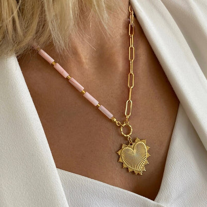 Collar Trendy Quartz Necklace Pendant Natural Stone Pink Crystal Pendant Necklace Bohemian  Sparkling METAL SHELL jewelry