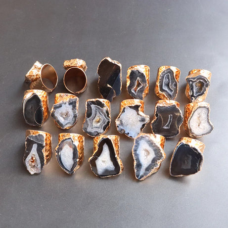 Irregular Geode Stone Agate Slices Open Ring Unisex Black Color Boho Resizable Finger Jewelry - Charlie Dolly