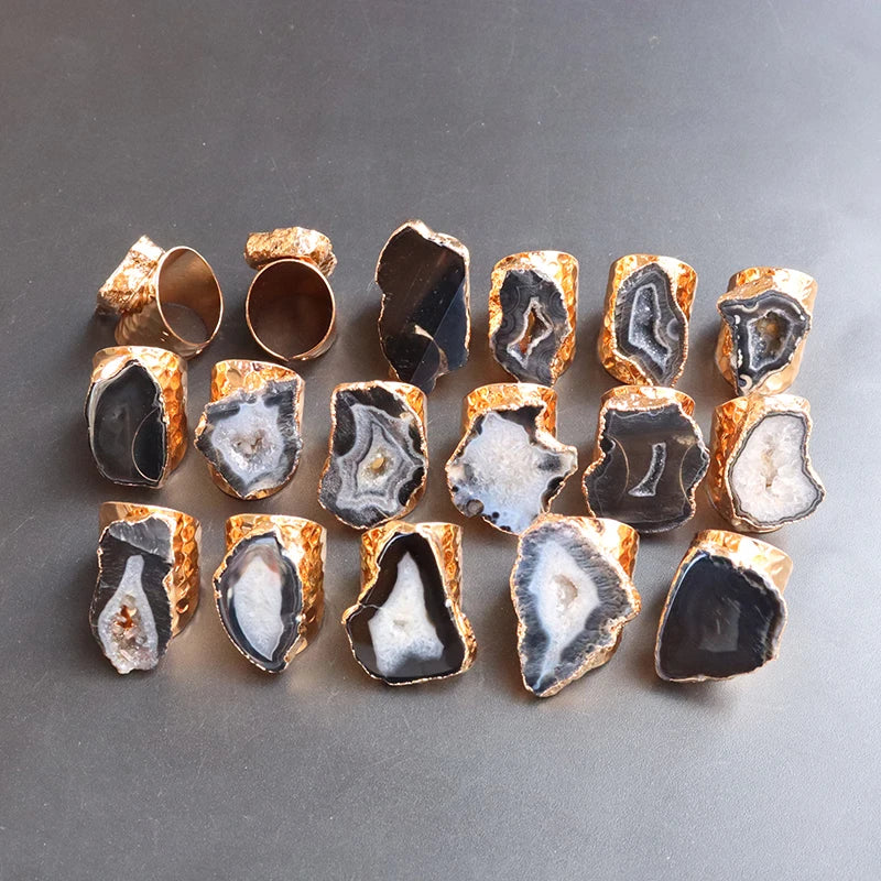 Irregular Geode Stone Agate Slices Open Ring Unisex Black Color Boho Resizable Finger Jewelry