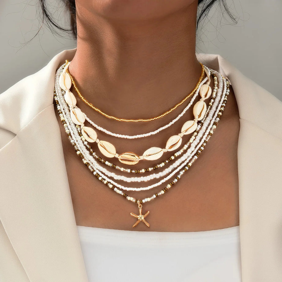 Starfish Conch Rice Bead Layered Necklace Set Jewelry