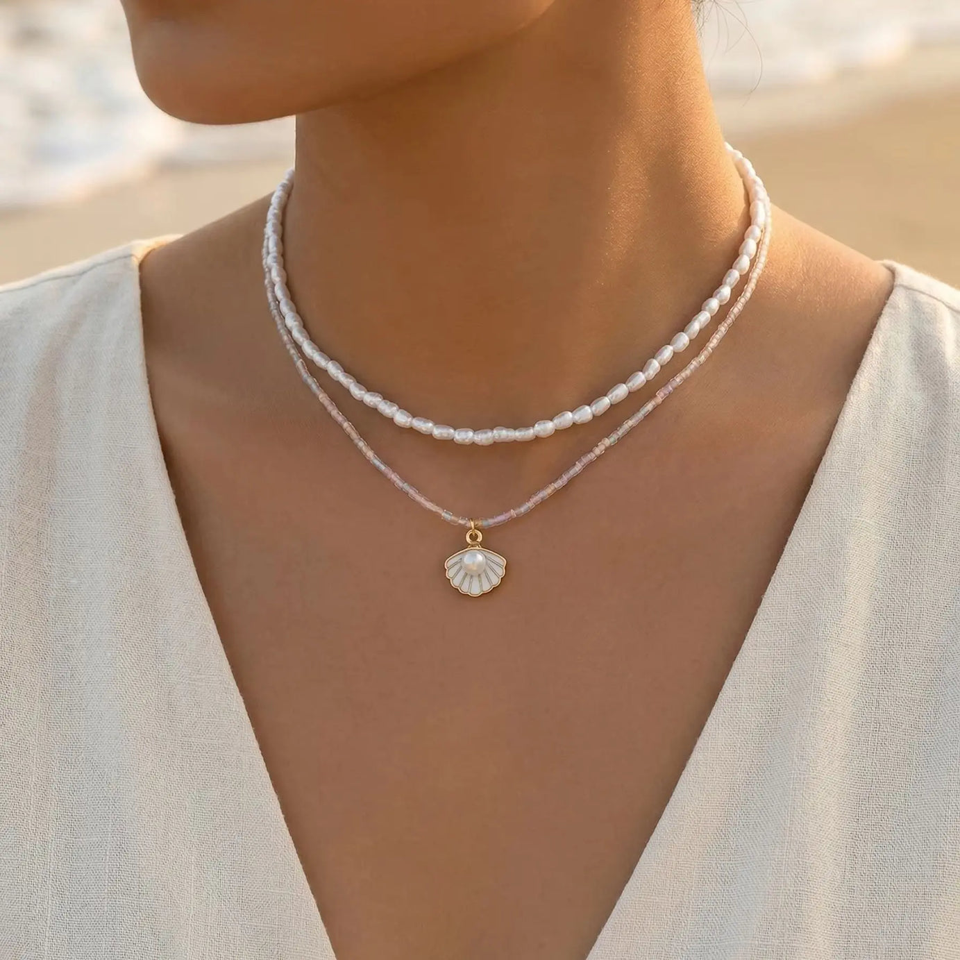 Glass Bead Pearl Shell Layered Necklace Set Jewelry