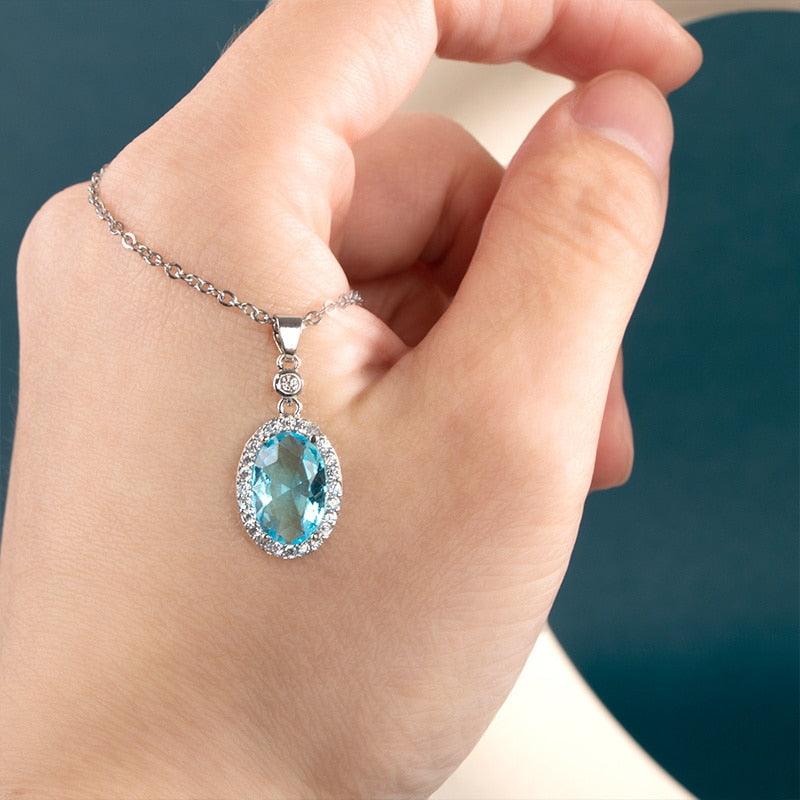 JoiasHome Fashion Silver 925 Jewelry For Women 6*8mm Oval Aquamarine Pendant Necklace Female Wedding Clavicle Chain Gift - Charlie Dolly