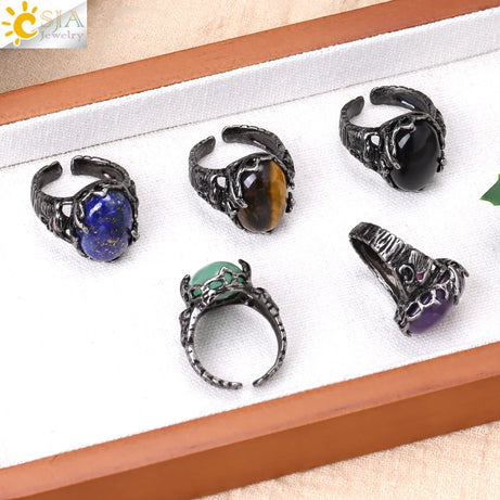 CSJA Vintage Silver Rings Natural Stone Amethyst Ring for Women Adjustable Design Handmade Fashion Jewelry Boho Accessories H765 - Charlie Dolly