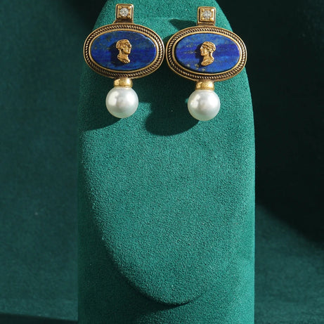 Vintage Lapis Lazuli Head Oval Stud Earring For Woman Accessories Pearl Gold Color Luxury Jewelry Designers Brand Thanksgiving - Charlie Dolly