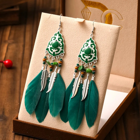 Green Enamel Feather Crystal Drop Earrings Jewelry