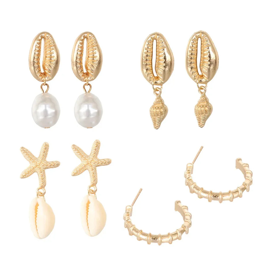 Shell, Starfish and Pearl Bohemian Earring Set (4 Pairs)