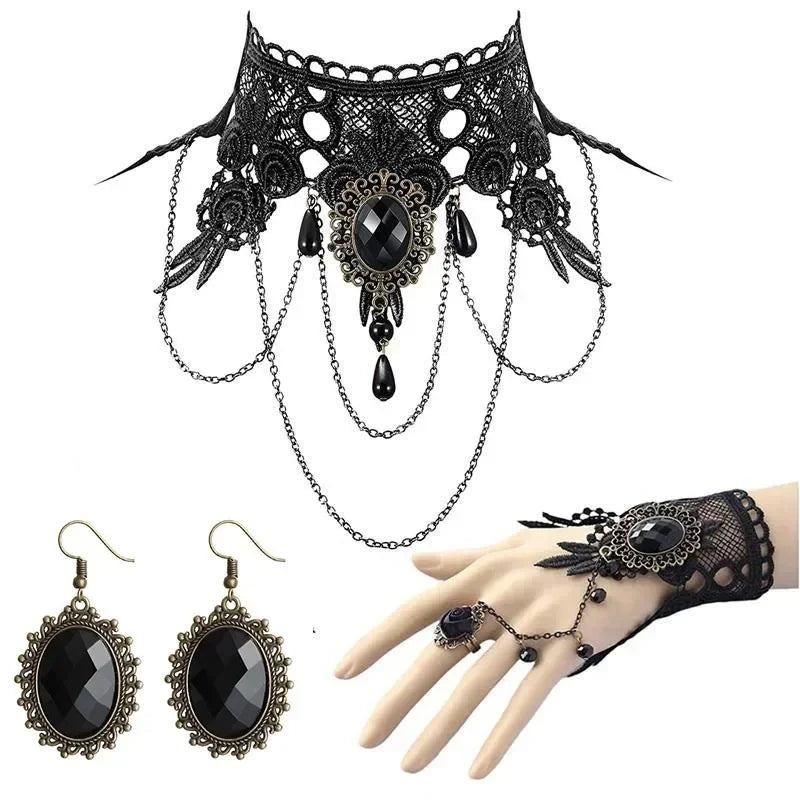 NEW Gothic Victorian Black Water Drop Pendant Lace Necklace Women Girl Tassel Steampunk Style Halloween Jewelry Earings for Girl - Charlie Dolly