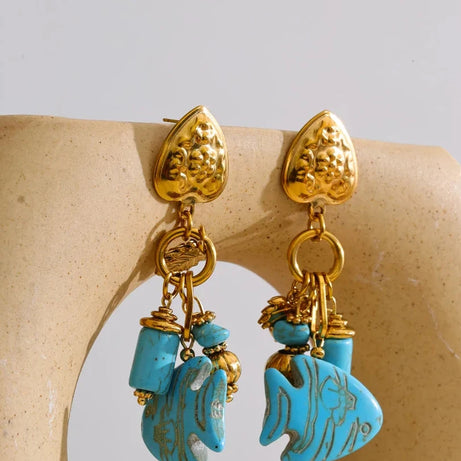 Blue Stone Fish Drop Earrings, 18K Gold Ocean Summer Stainless Steel Jewelry