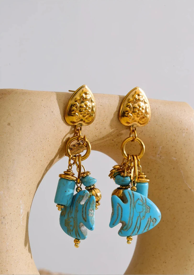 Blue Stone Fish Drop Earrings, 18K Gold Ocean Summer Stainless Steel Jewelry