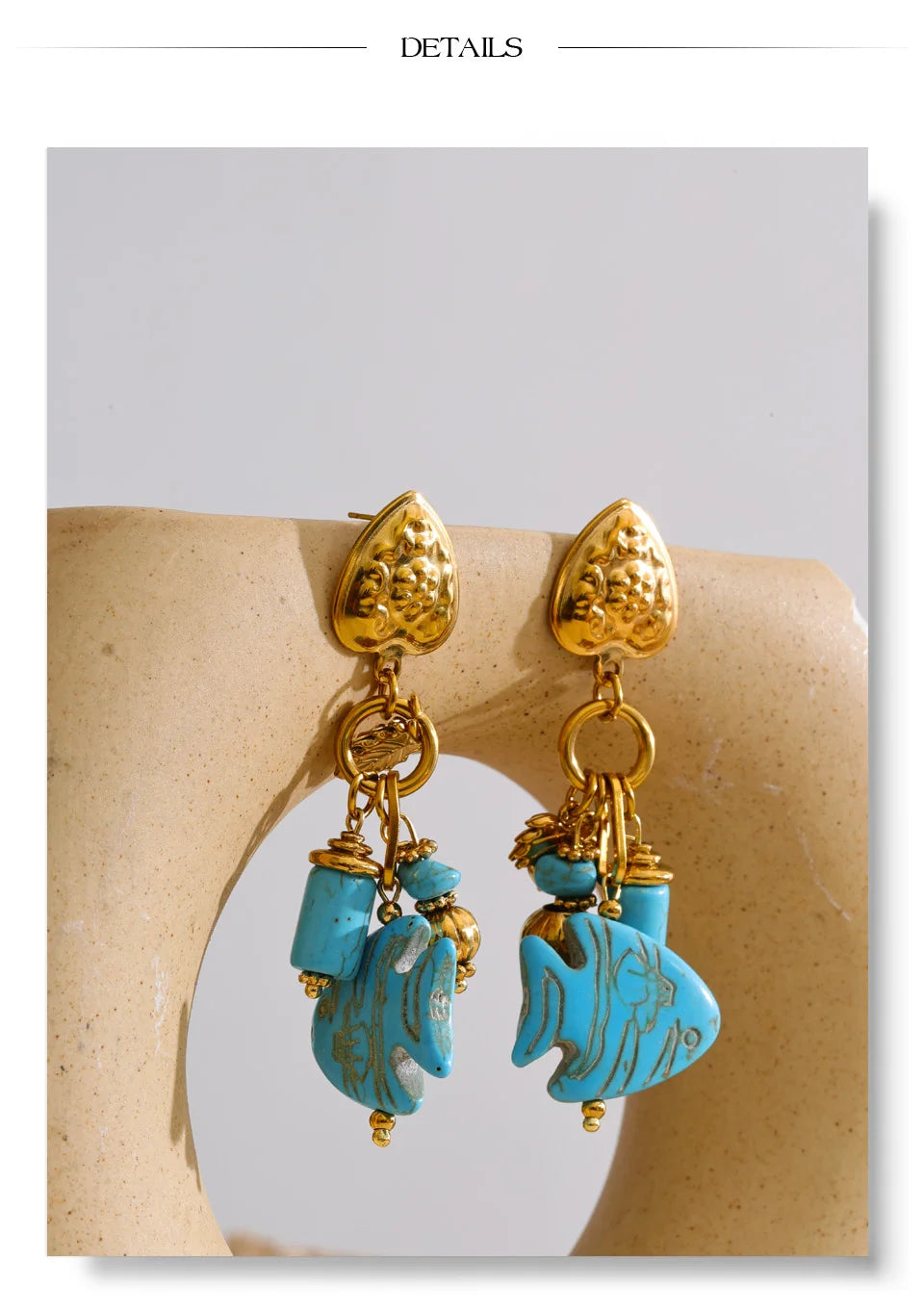 Yhpup Ocean Series Stainless Steel Blue Natural Stone Fish Drop Charm Earrings 18K Gold Color PVD Plated Summer Women Jewelry