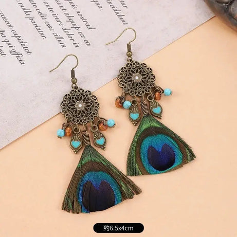 Peacock Feather Long Statement Earrings Jewelry