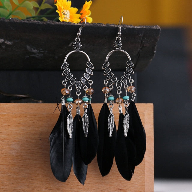 Fashion Earrings Bohemian Ethnic Style Leaf Earrings Jewelry Retro Long Tassel Colorful Feather Earrings Jewelry Gift - Charlie Dolly