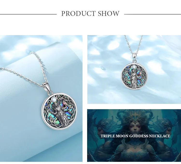 Eudora 925 Sterling Silver Triple Moon Goddess Necklace for Women Hecate Amulet Pendant Natural Abalone Jewelry Personality Gift