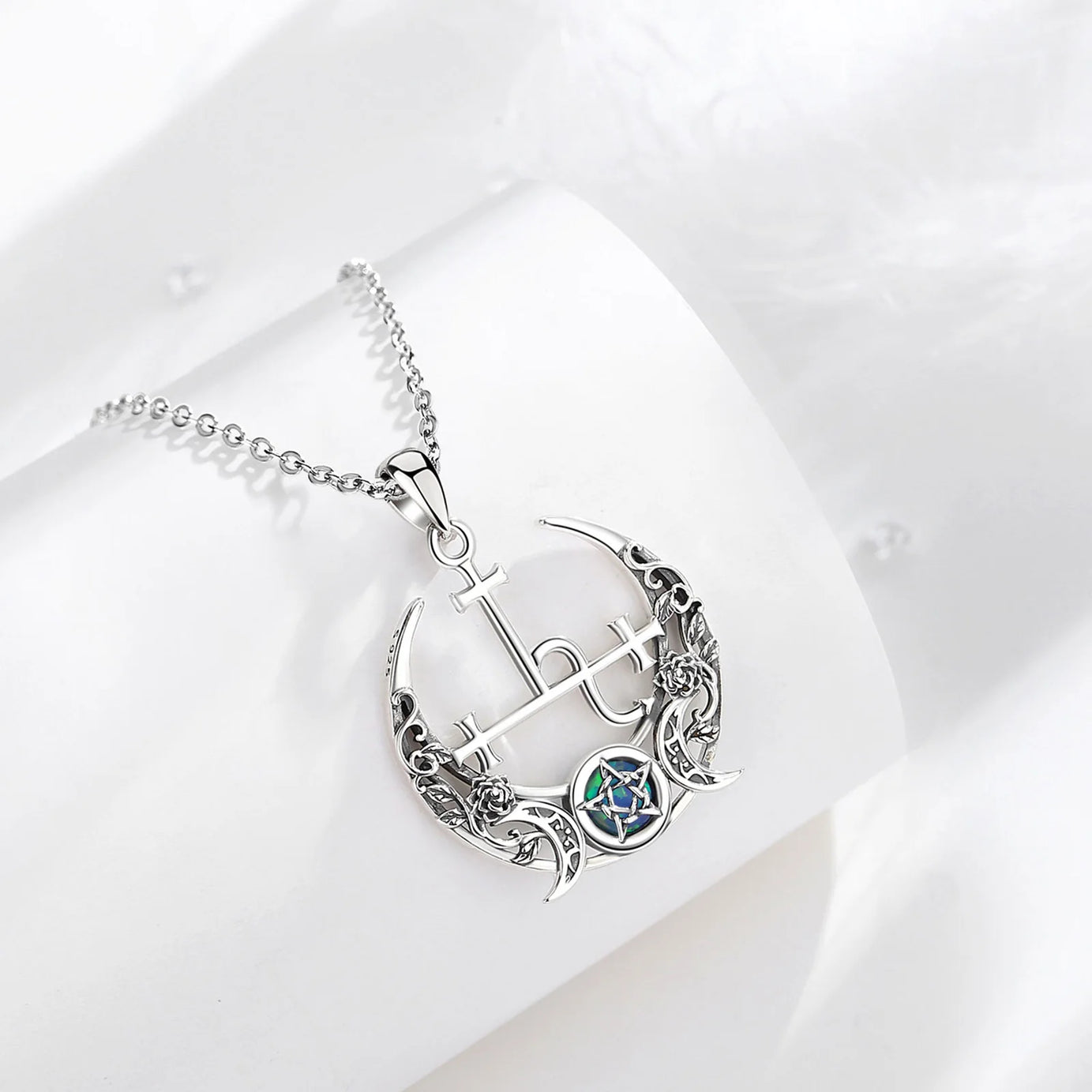 S925 Sterling Silver Lilith Moon & Opal Pendant Necklace, Triple Moon Goddess Amulet
