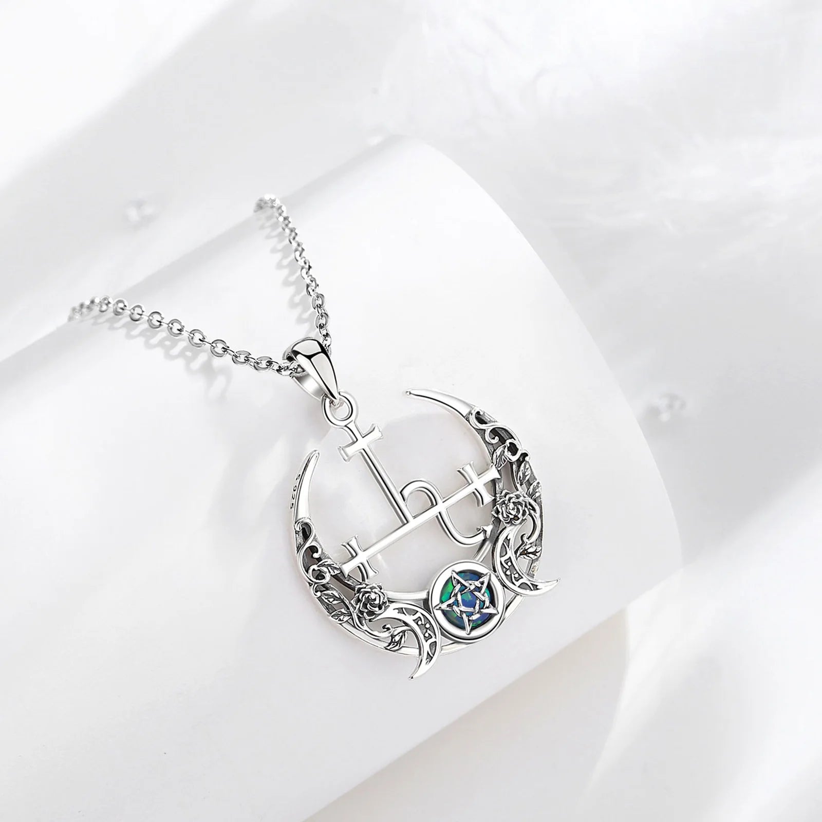 Eudora 925 Sterling Silver Lilith Moon Necklace for Women Man Opal Triple Moon Goddess Amulet Pendant Personality Jewelry Gift