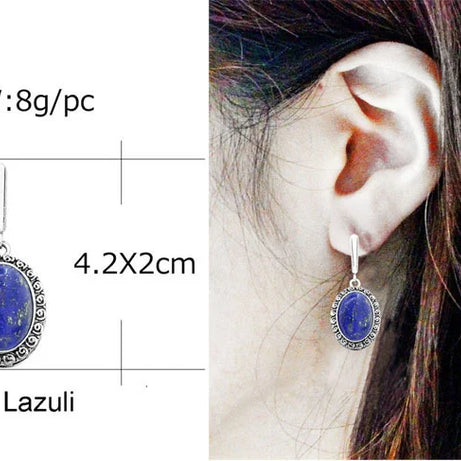 Natural Lapis Lazuli Earrings Snail Flower Pendant For Women Vintage Antique Silver Plated Fashion Jewelry Anniversary Gift - Charlie Dolly
