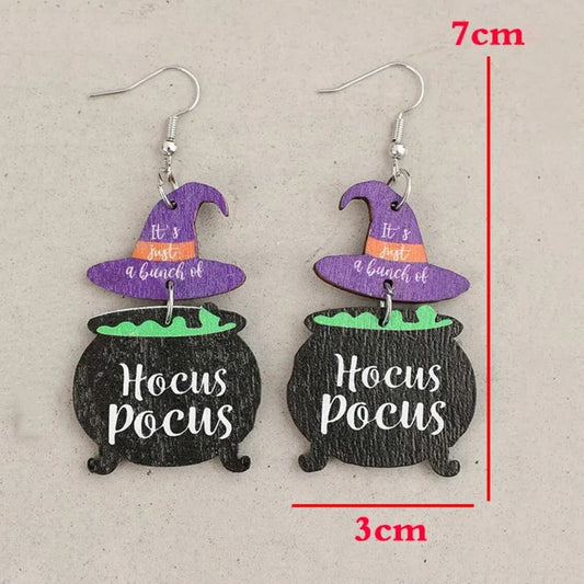 Cute Wooden Hocus Pocus Earrings For Women Cartoon Halloween Silver Color Hook Earings Purple Magic Hat Shape Chic Jewelry