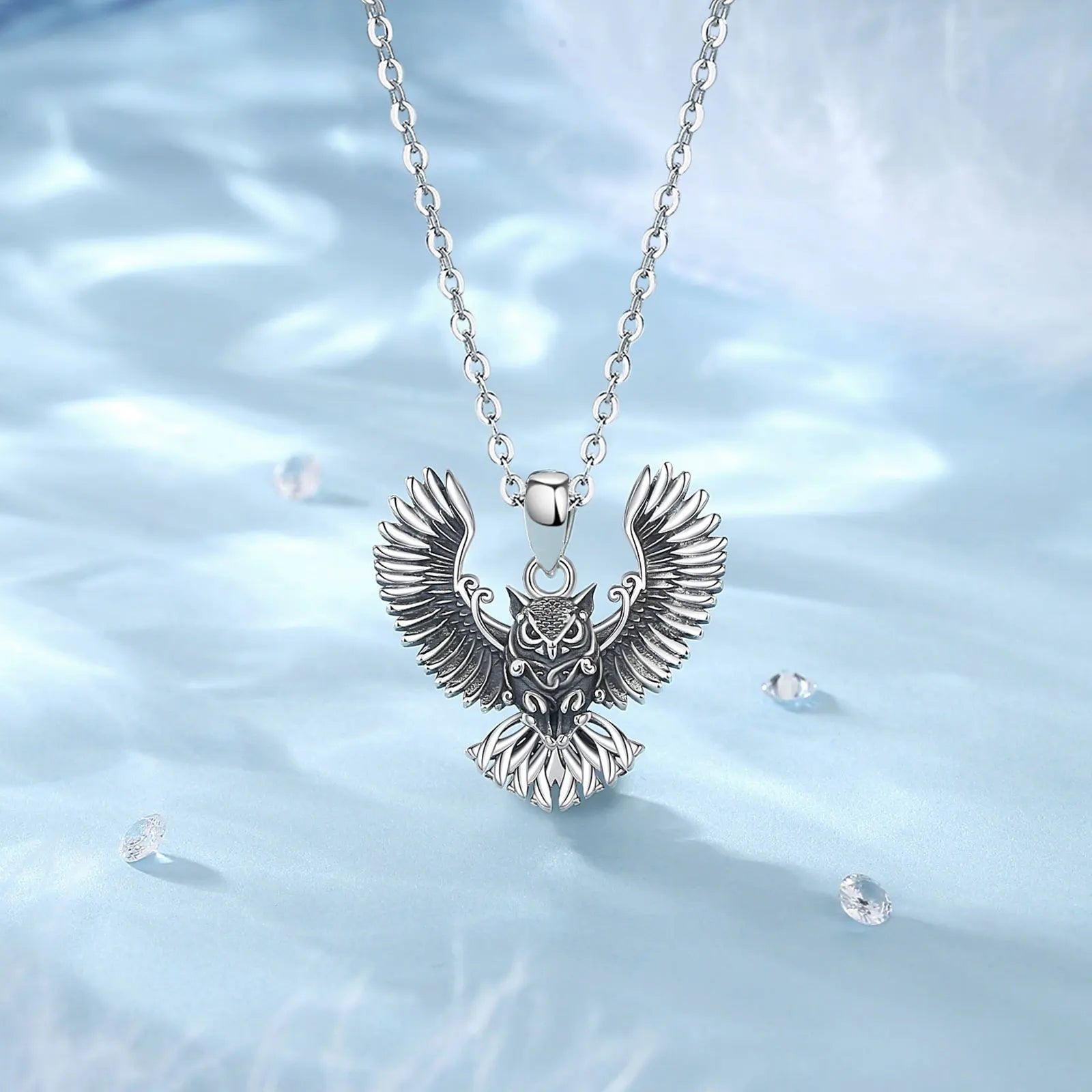 Eudora 925 Sterling Silver Cool Owl Necklace for Women Man Vintage Hip Hop Owl Amulet Pendant Personality Jewelry Party Gift
