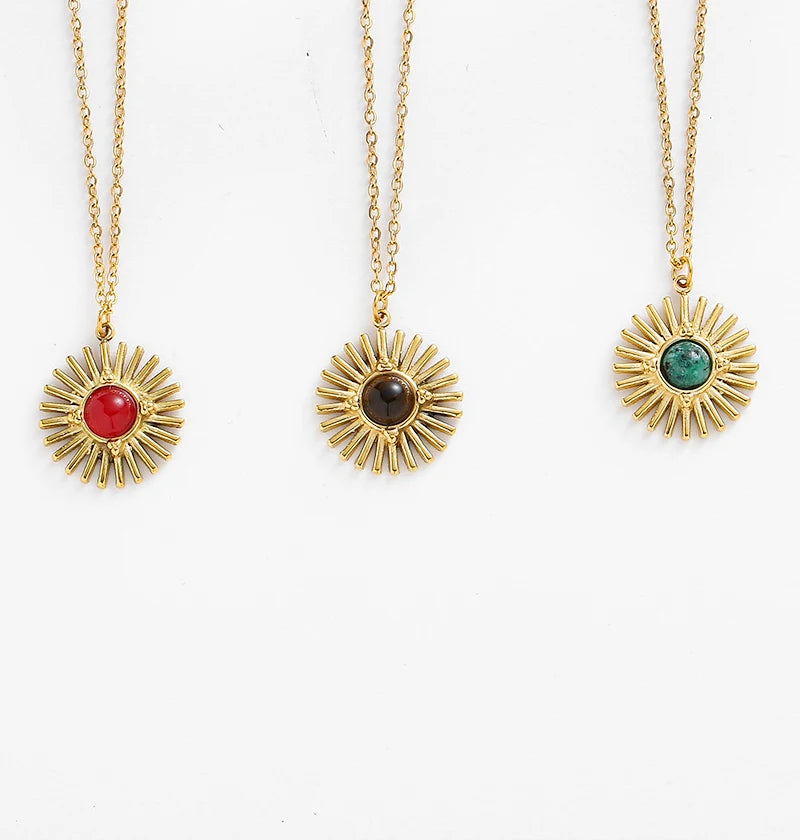 Boho Natural Stone Sun Flower Necklace for Women Bohemian Retro Stainless Steel Necklace Choker Necklaces Fashion Jewelry