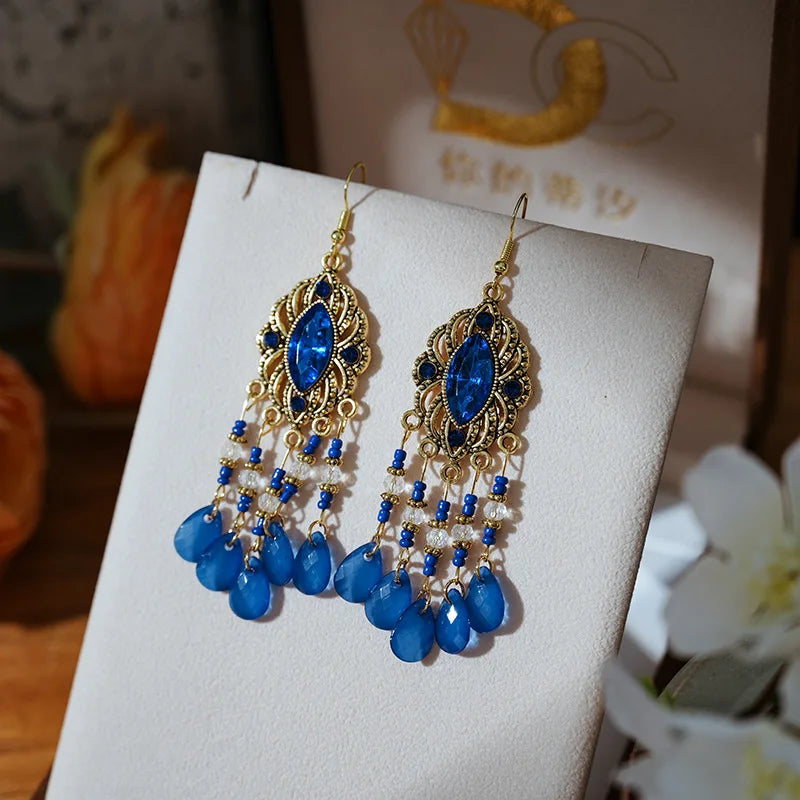 Vintage Bohemian Long Drop Dangle Earrings For Women Geometric Beads Handmade Tassel Crystal Ethnic Boho Wedding Earings Jewelry