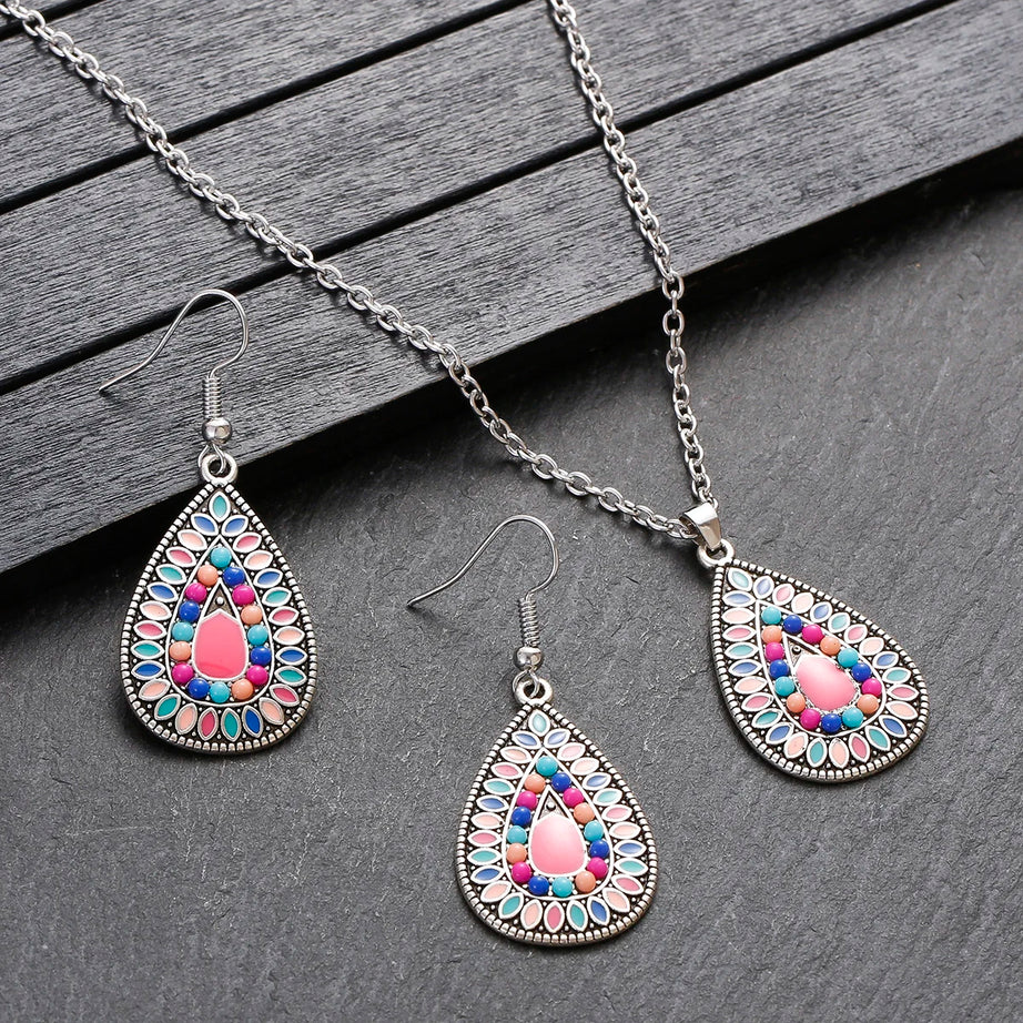 Colorful Bead Flower Necklace Earring Set Jewelry