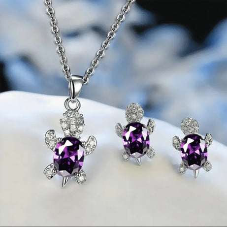 Sea Turtle Necklace & Earrings Set of 3, Silver-Plated Multi-Color Glass Ocean Jewelry